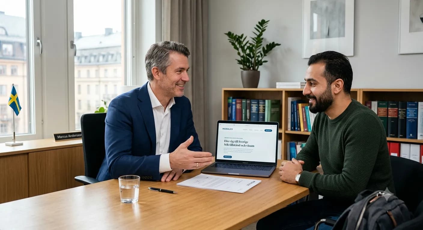 Jurist använder Migralex på en bärbar dator under ett klientmöte
